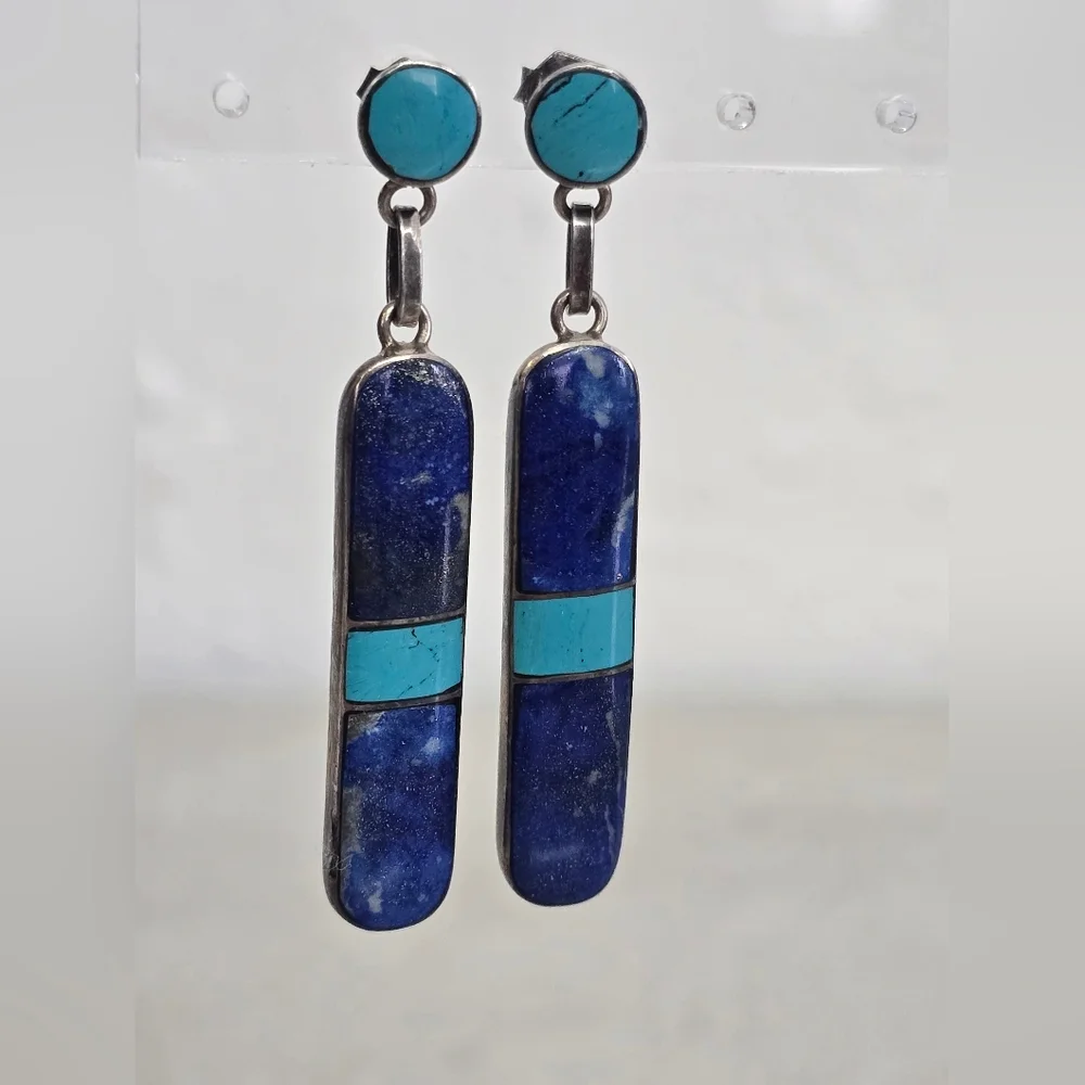 Vintage Native American Lapis & Turquoise Dangle Sterling Silver Earrings - Picture 2 of 5